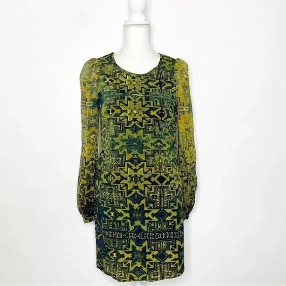 TWELFTH STREET BY CYNTHIA VINCENT Anthropologie Green Print Silk Dress Size 4 - Picture 3 of 9